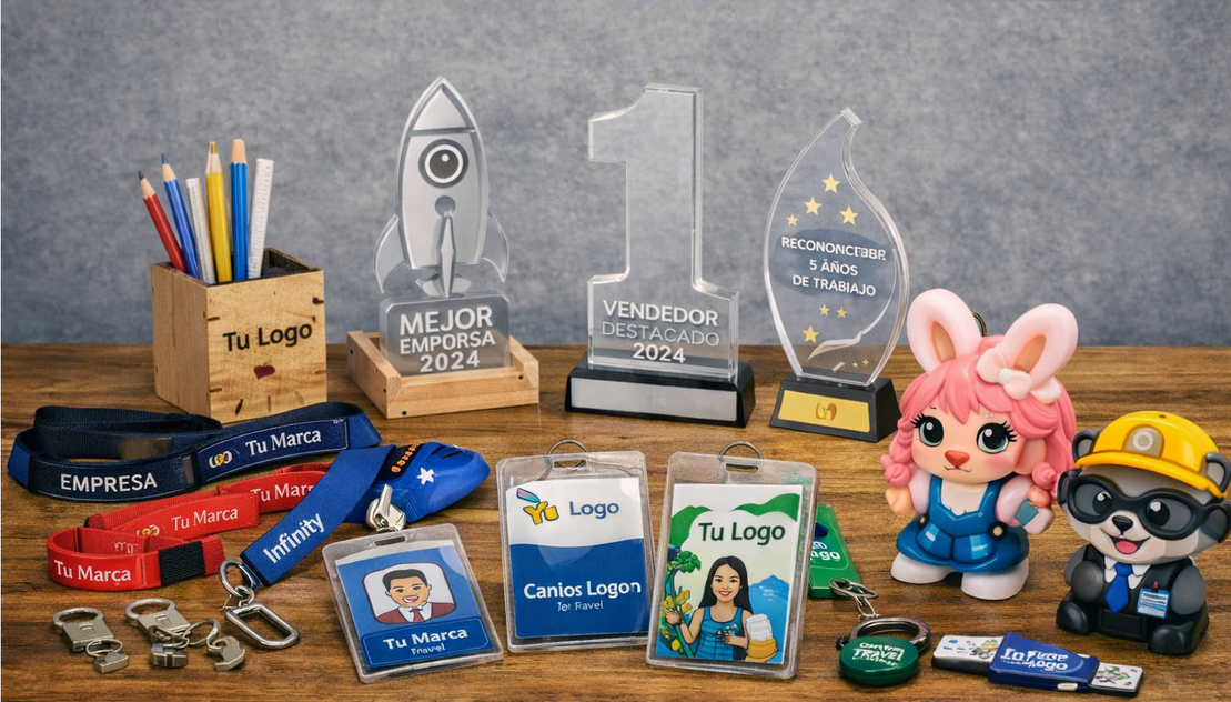 Pack de productos personalizados como stickers y llavero acrílico